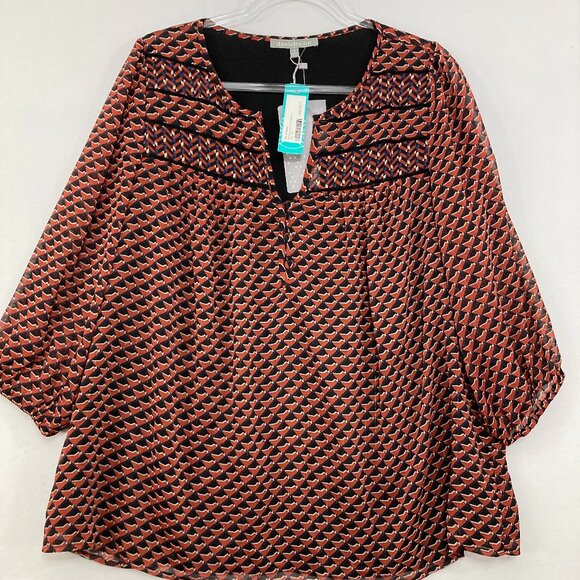 New Daniel Rainn size 1X Red Black Geometric Print Split Neck Blouse Office - Picture 1 of 11